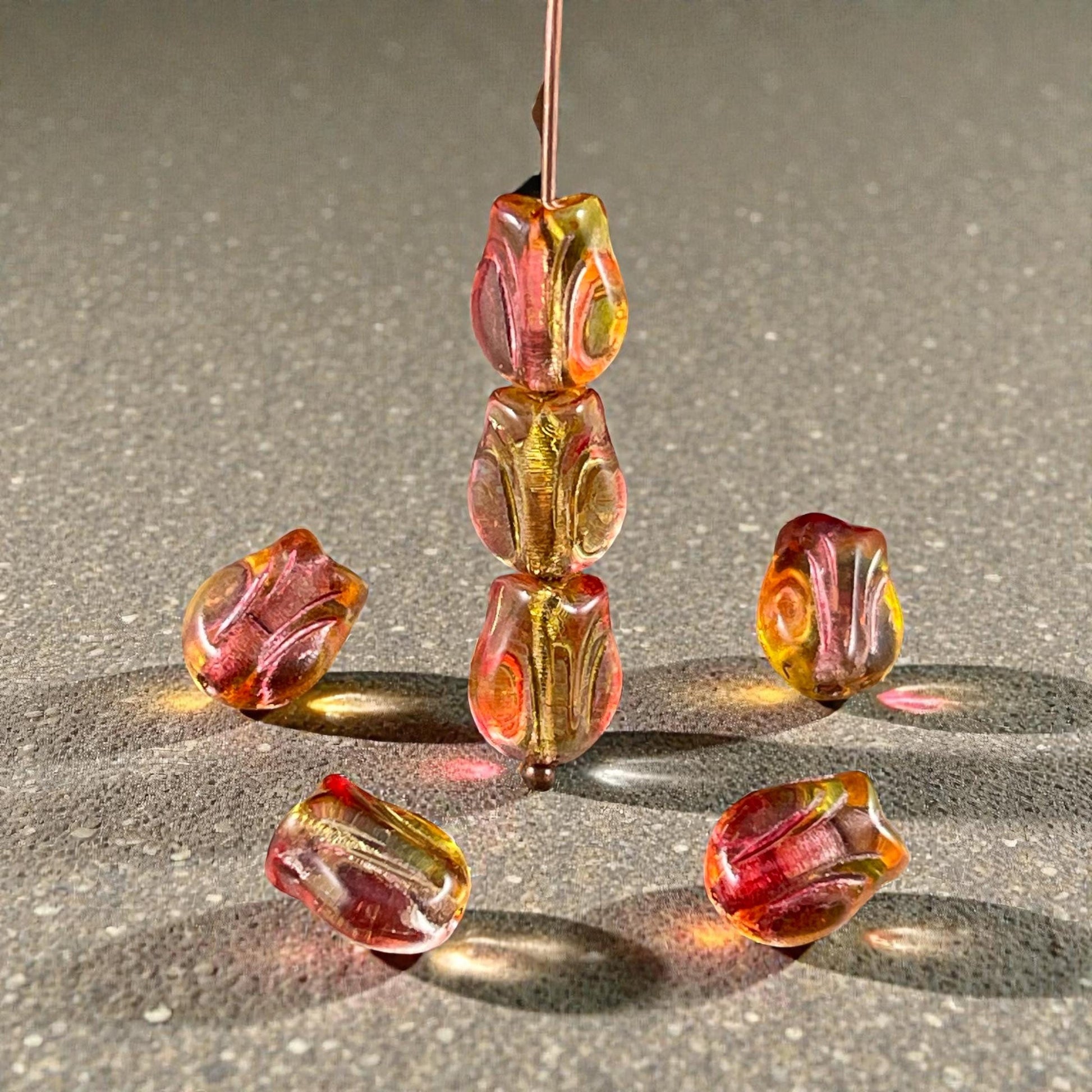 Czech Glass Beads - 9x7mm Mini Tulip Flower, Fuchsia and Yellow (MTul-3) * 16 Beads
