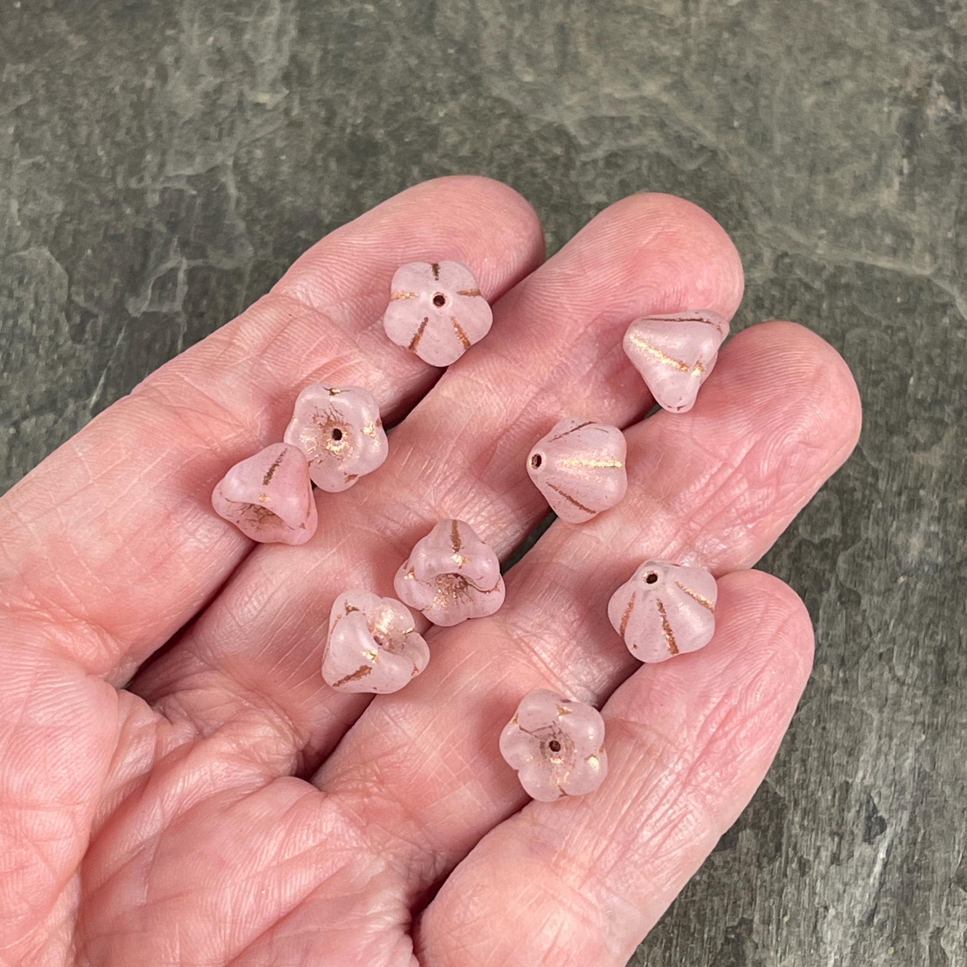Czech Glass Beads - 8x10mm Bell Flower, Matte Pink and White (BFlo-x12) * 20 Beads