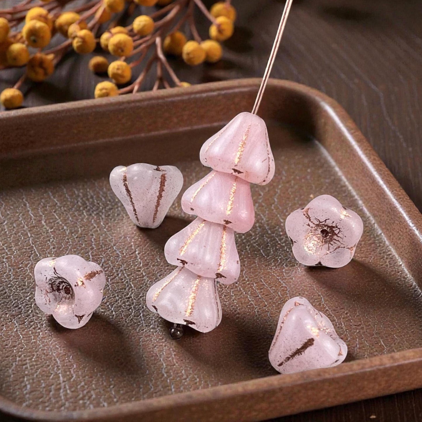 Czech Glass Beads - 8x10mm Bell Flower, Matte Pink and White (BFlo-x12) * 20 Beads