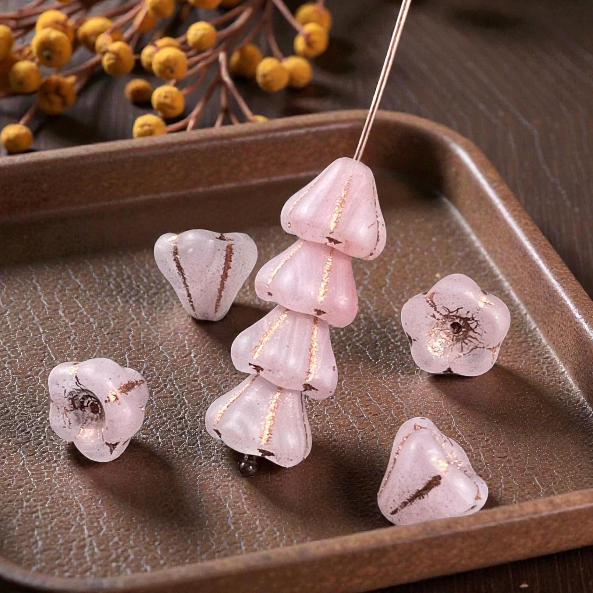 Czech Glass Beads - 8x10mm Bell Flower, Matte Pink and White (BFlo-x12) * 20 Beads