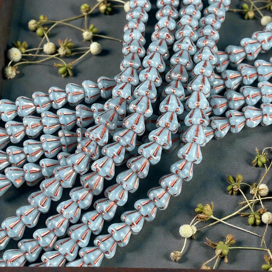 Czech Glass Beads - 6x4mm Baby Bell Flower, Aqua Blue and Copper (BFlo-x3) * 30 Beads