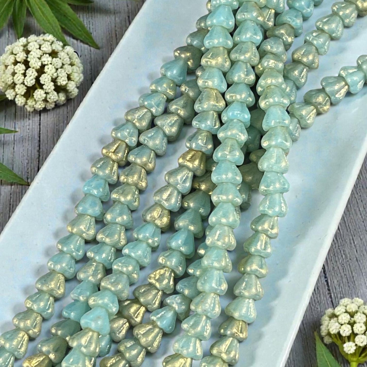 Czech Glass Beads - 6x4mm Baby Bell Flower, Matte Mint Blue with Gold Dust (BFlo-x2) * 30 Beads