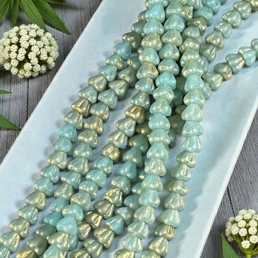 Czech Glass Beads - 6x4mm Baby Bell Flower, Matte Mint Blue with Gold Dust (BFlo-x2) * 30 Beads
