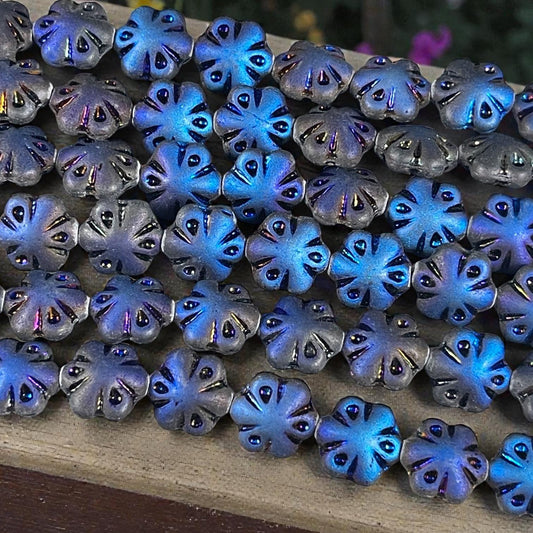 Czech Glass - 11mm Puffy Flower Bead, Matte Black and Blue Azuro (PFS3) * Qty. 10