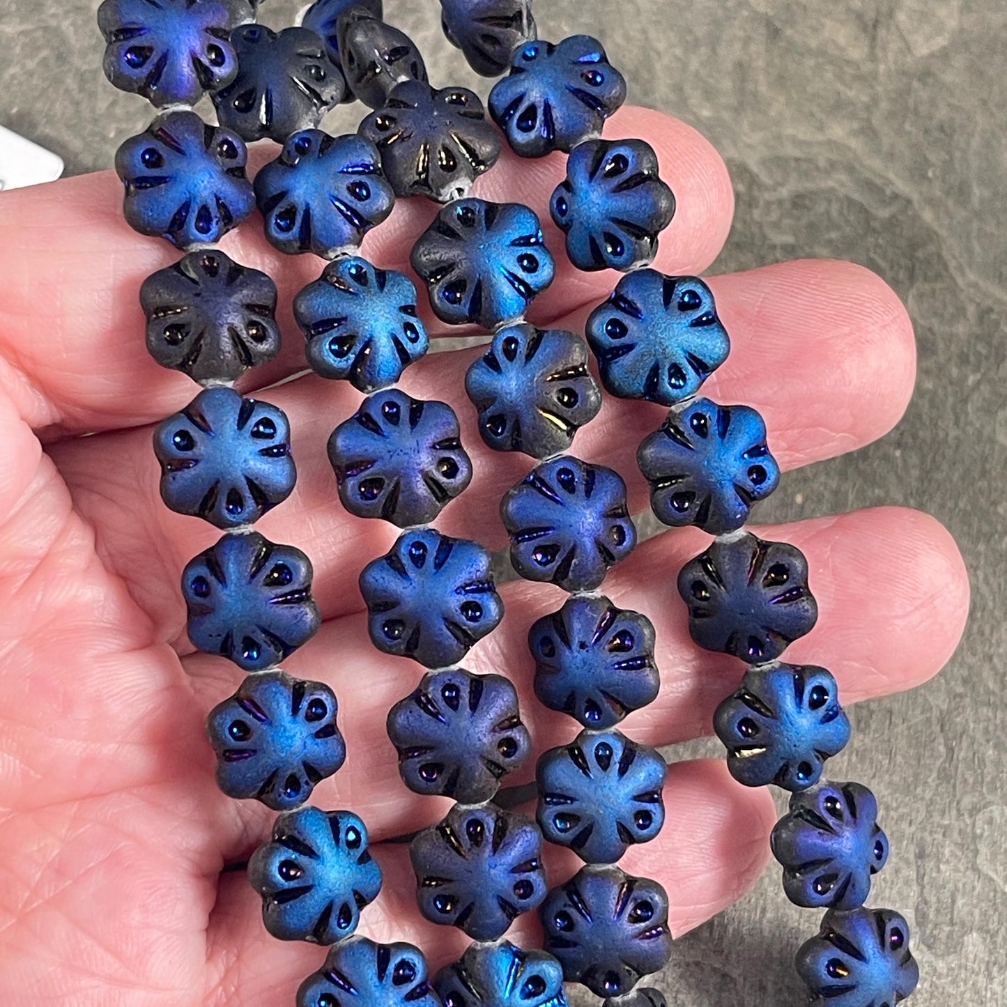 Czech Glass - 11mm Puffy Flower Bead, Matte Black and Blue Azuro (PFS3) * Qty. 10