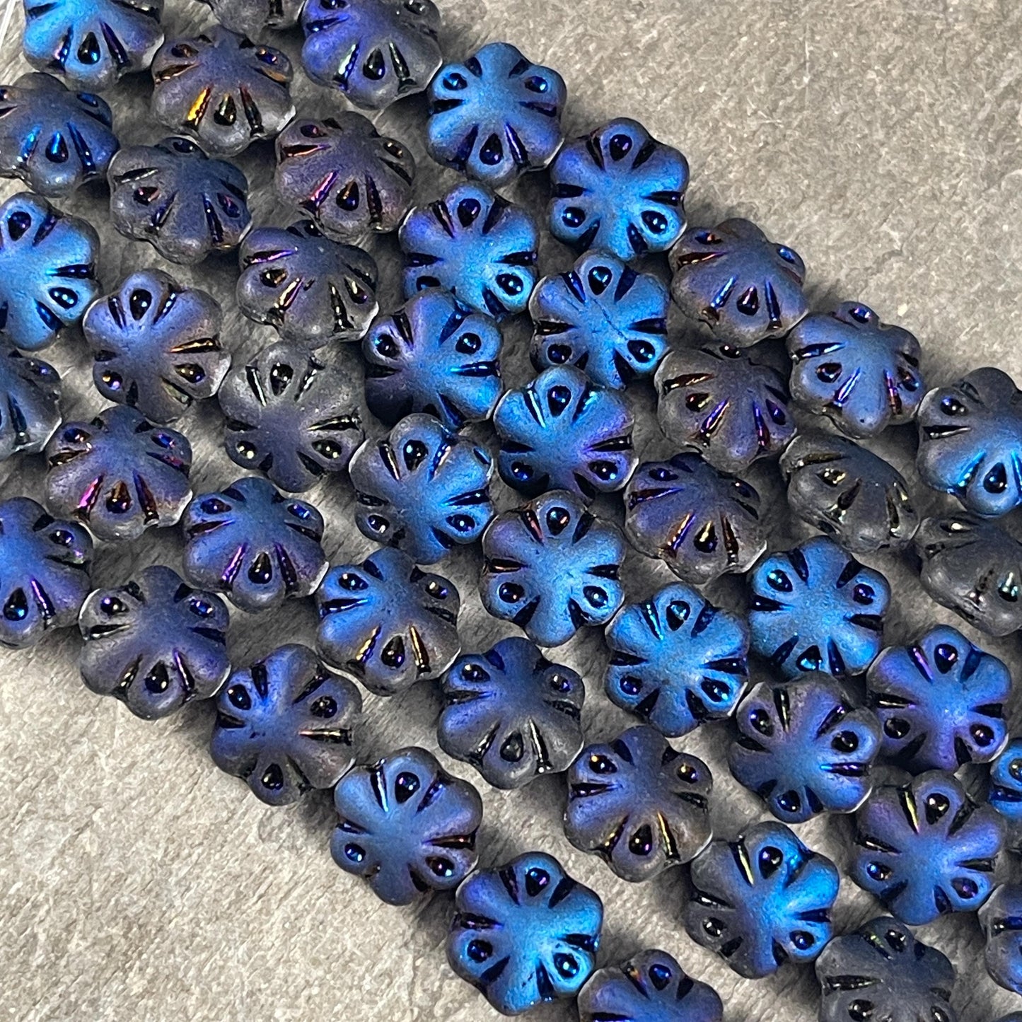 Czech Glass - 11mm Puffy Flower Bead, Matte Black and Blue Azuro (PFS3) * Qty. 10