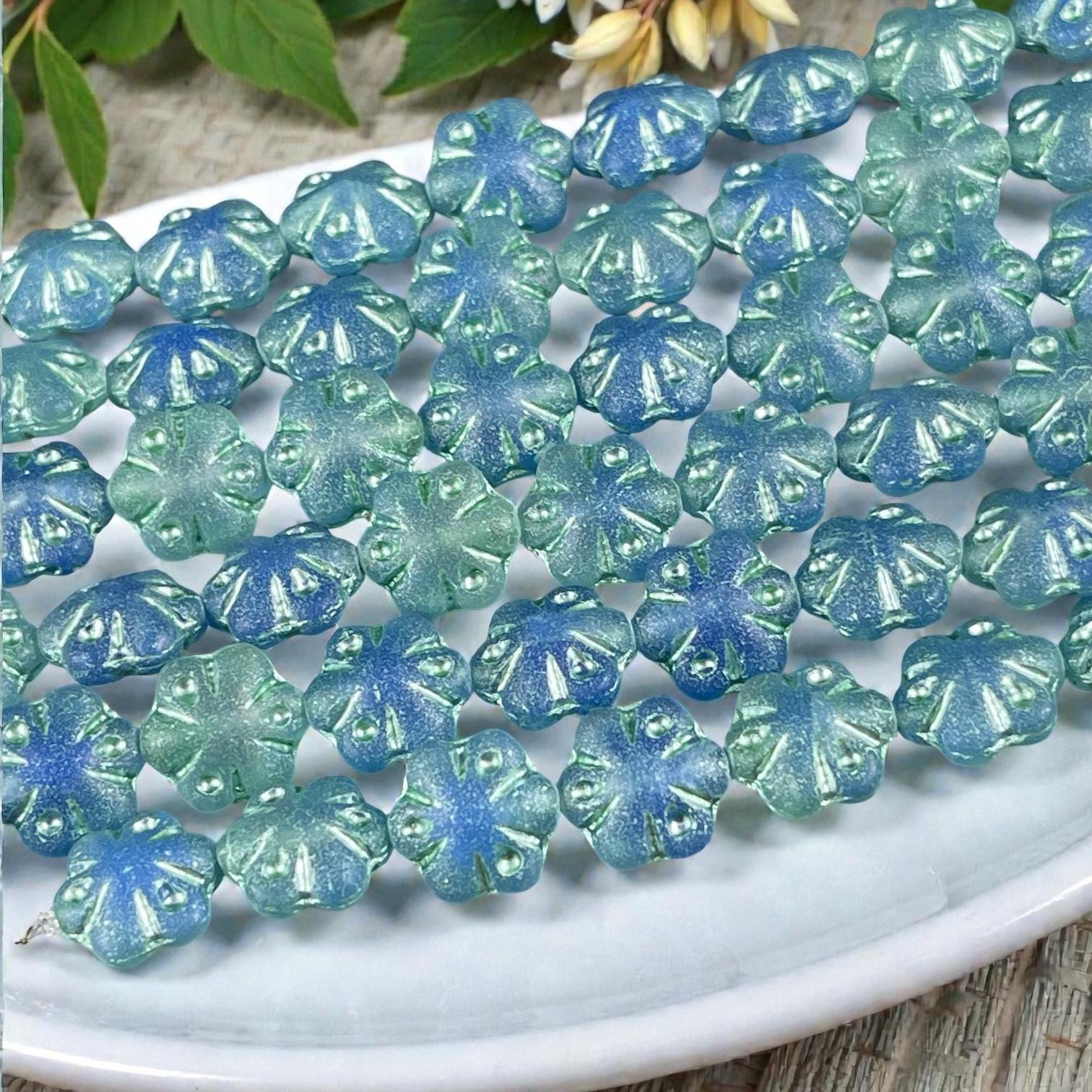 Czech Glass - 11mm Puffy Flower Bead, Matte Capri and Light Green (PFS3) * Qty. 10
