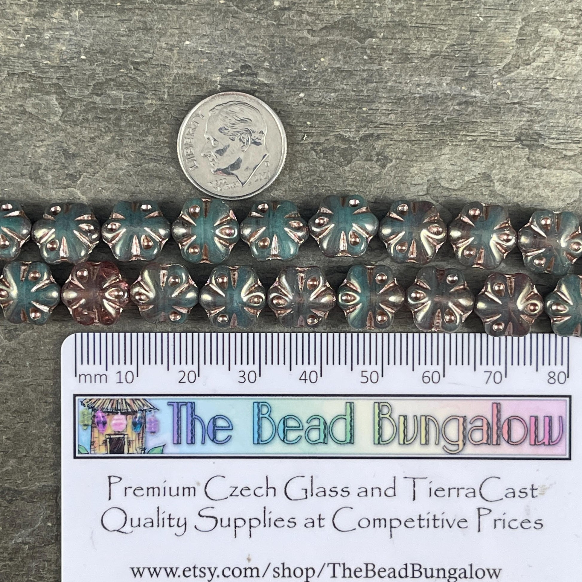 Czech Glass - 11mm Puffy Flower Bead, Dark Teal Green (PFS22) * Qty. 10