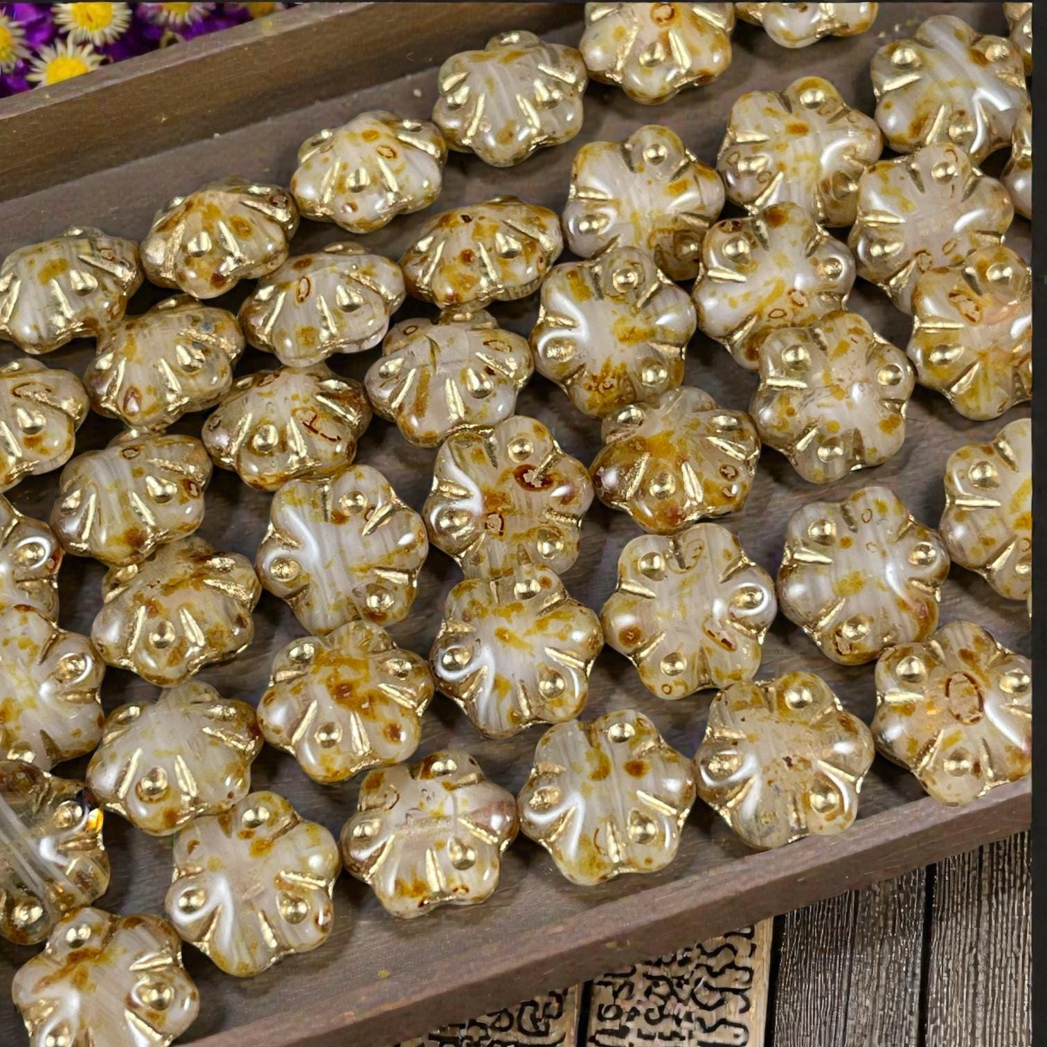 Czech Glass - 11mm Puffy Flower Bead, Beige Picasso and Gold (PFS31) * Qty. 10