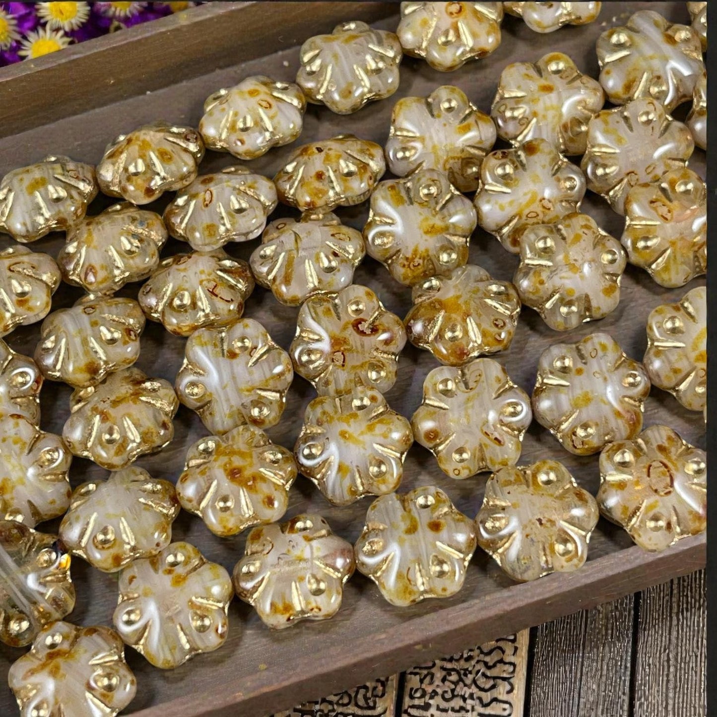 Czech Glass - 11mm Puffy Flower Bead, Beige Picasso and Gold (PFS31) * Qty. 10