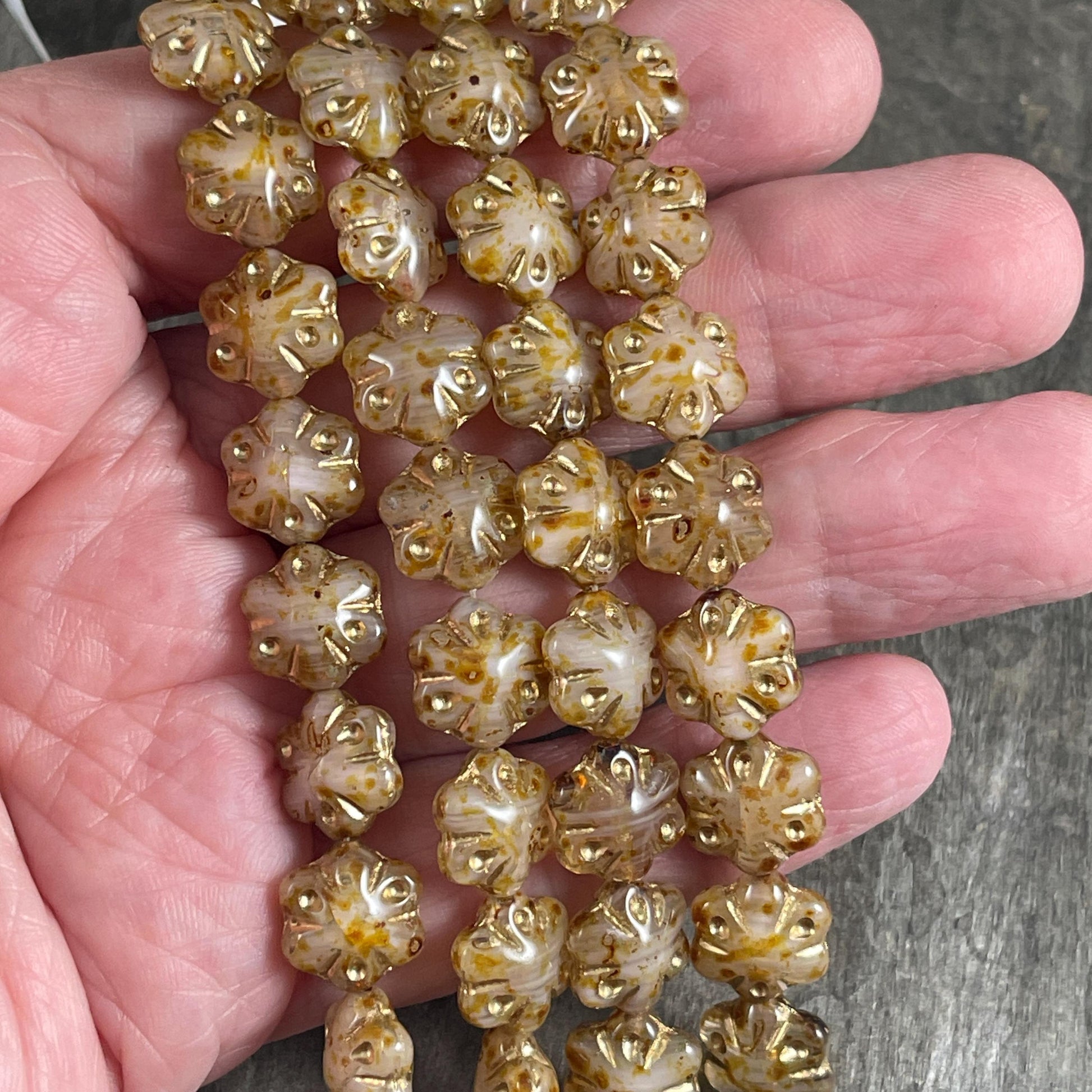 Czech Glass - 11mm Puffy Flower Bead, Beige Picasso and Gold (PFS31) * Qty. 10