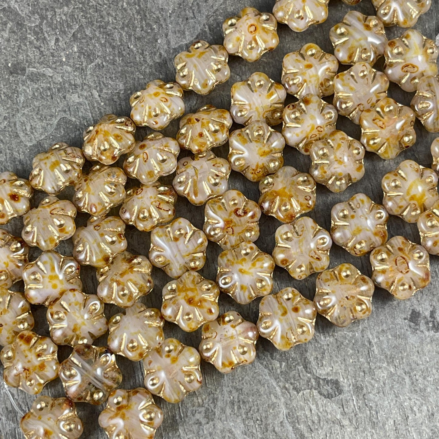 Czech Glass - 11mm Puffy Flower Bead, Beige Picasso and Gold (PFS31) * Qty. 10