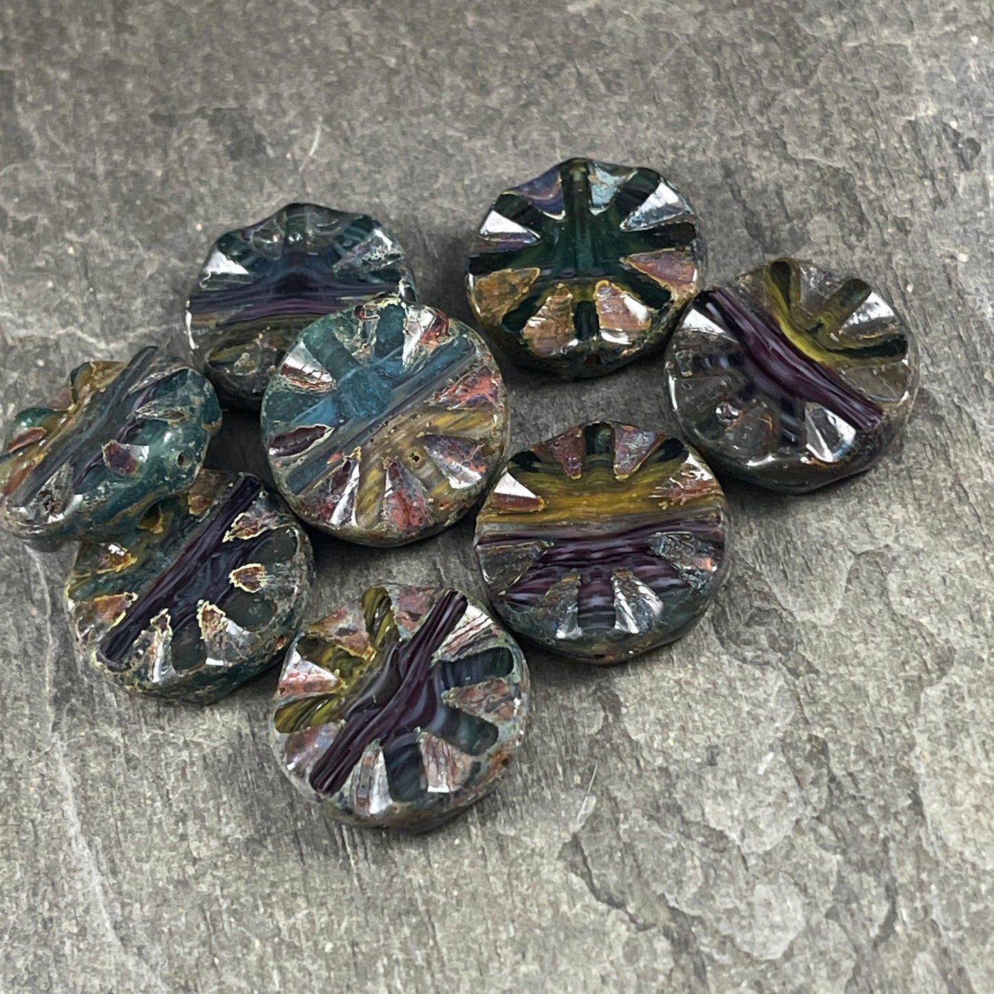 Czech Glass Beads, 18mm Table Cut Wheel, Multi-Color Blend * 8 Beads