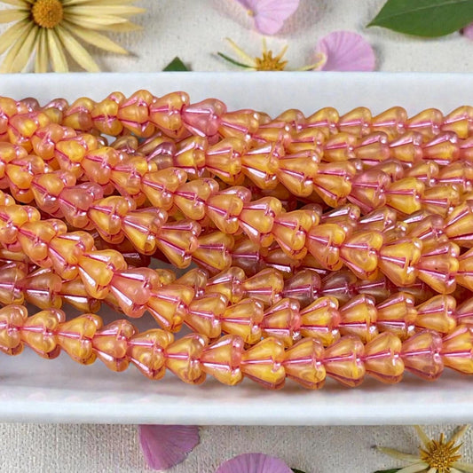 Czech Glass Beads - 6x4mm Baby Bell Flower, Yellow, Peach, Fuchsia (BFlo-x1) * 30 Beads