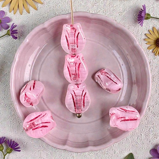 Czech Glass Beads - 9x7mm Mini Tulip Flower, Light Pink and Clear (MTul-2) * 16 Beads
