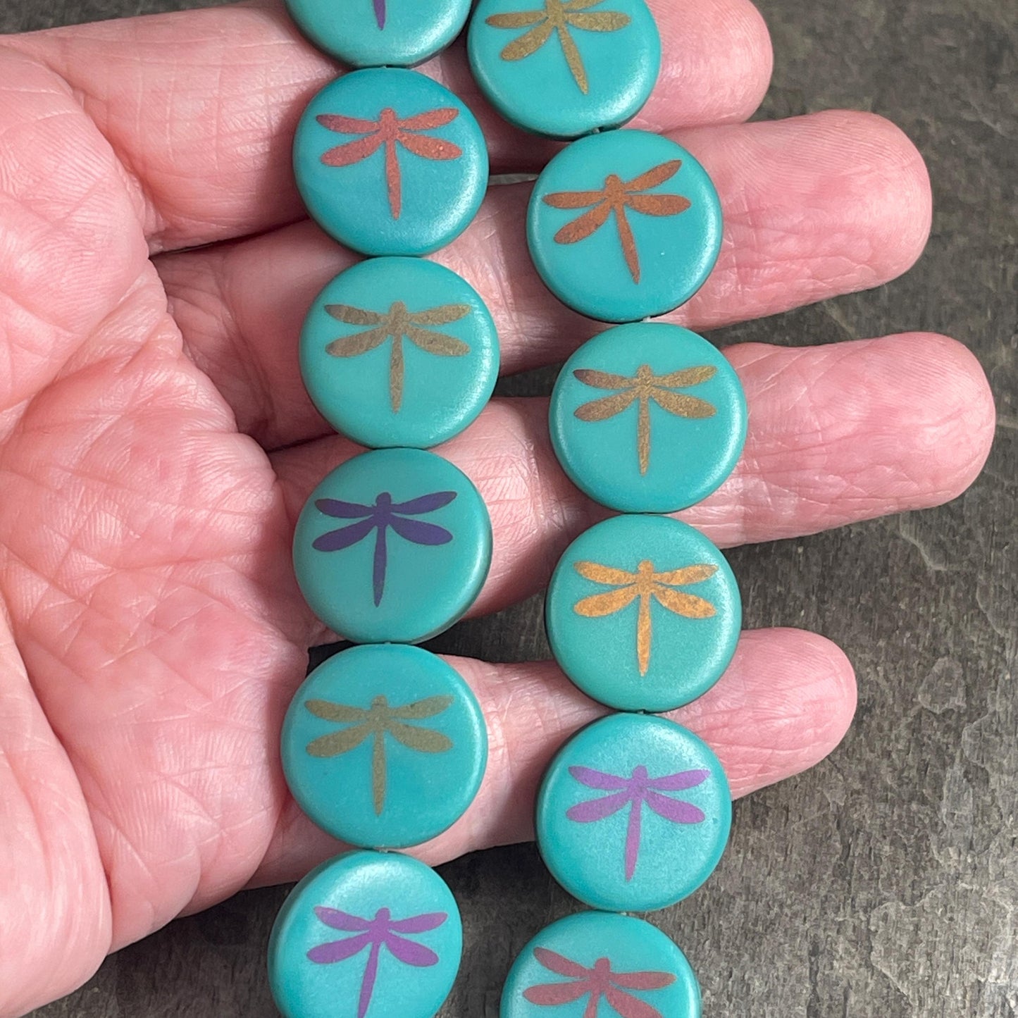 Czech Glass - 17mm Coin Bead, Turquoise with Laser Etched Dragonfly (LTPG-D2) * 8 Beads