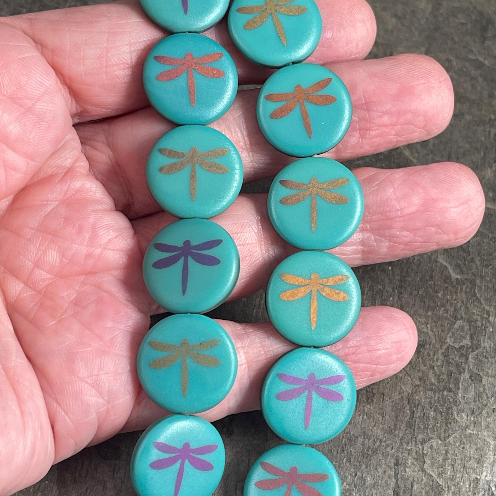 Czech Glass - 17mm Coin Bead, Turquoise with Laser Etched Dragonfly (LTPG-D2) * 8 Beads
