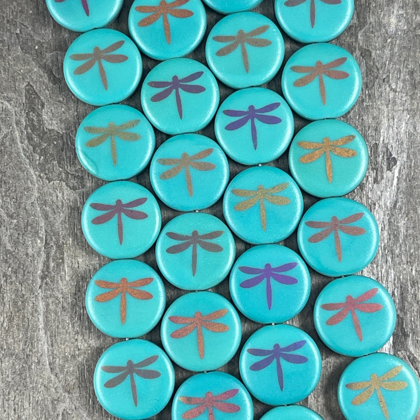 Czech Glass - 17mm Coin Bead, Turquoise with Laser Etched Dragonfly (LTPG-D2) * 8 Beads