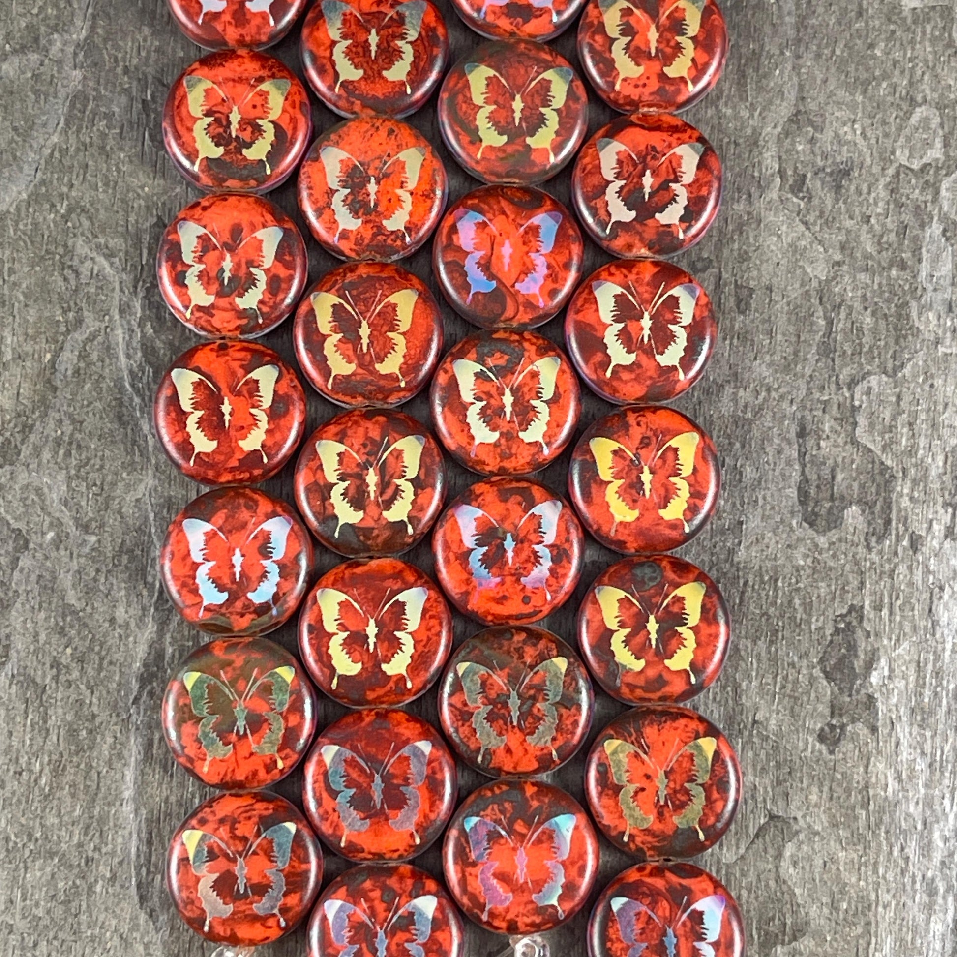 Czech Glass - 14mm Coin Bead, Orange Picasso with Laser Etched Butterfly (LTPG-502) * 8 Beads