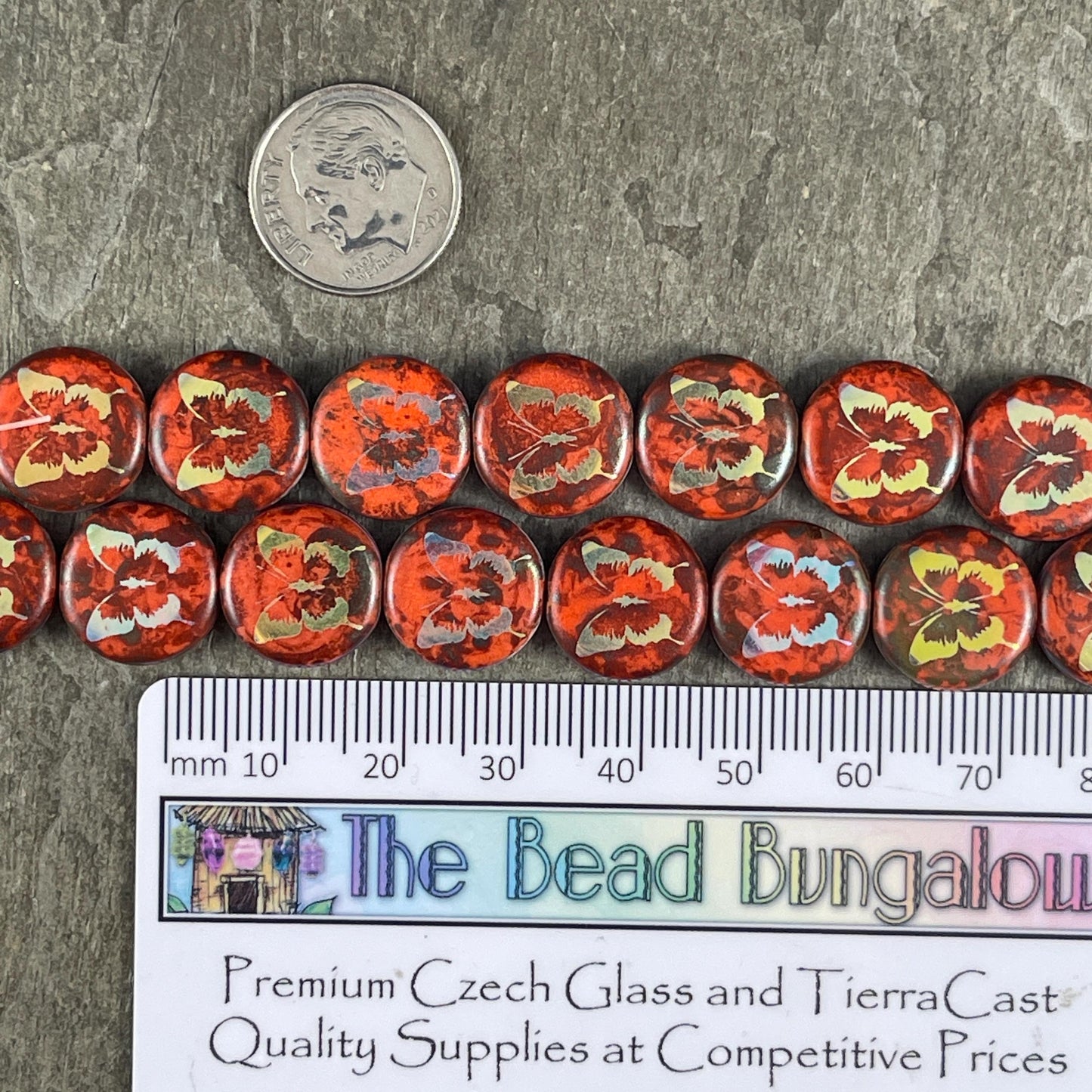 Czech Glass - 14mm Coin Bead, Orange Picasso with Laser Etched Butterfly (LTPG-502) * 8 Beads