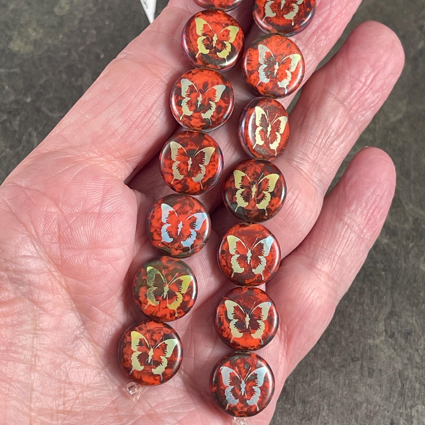 Czech Glass - 14mm Coin Bead, Orange Picasso with Laser Etched Butterfly (LTPG-502) * 8 Beads