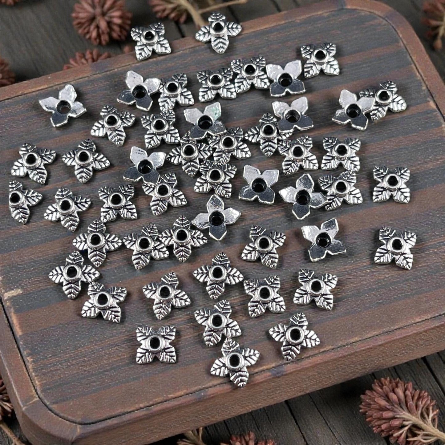 Tibetan Style Bead Caps - 4-Petal Leaf Design, Antiqued Silver (Q018-AS) * 200 Bead Caps