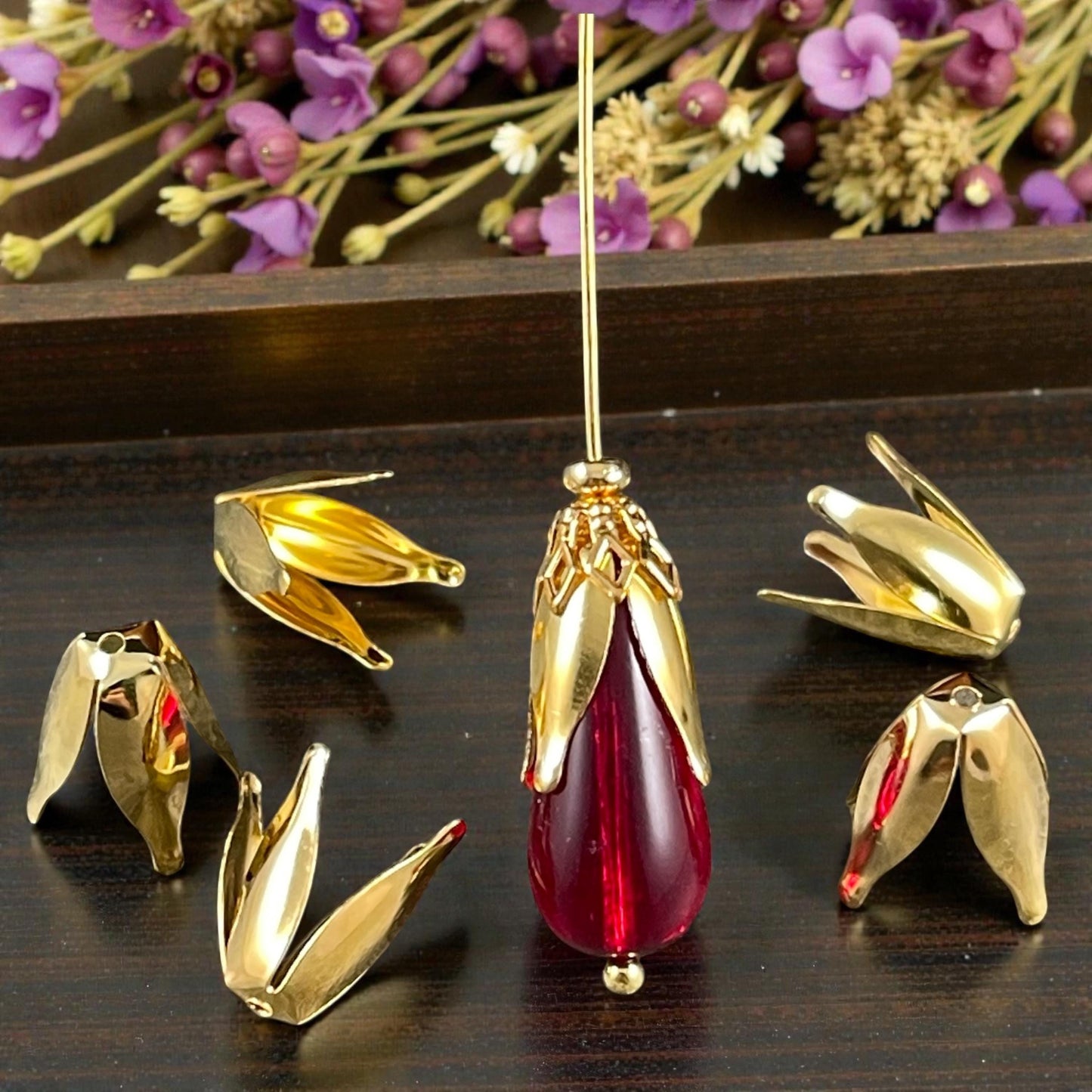 4-Petal Expandable Gold Bead Caps, 13x7mm (O016-11) * 50 Bead Caps