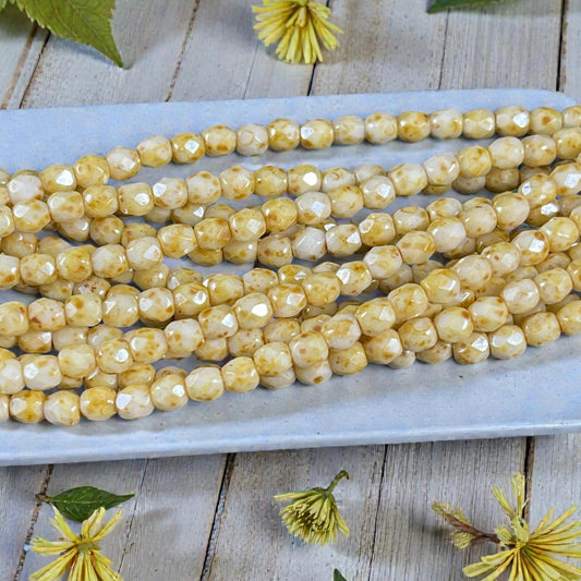 Czech Glass Beads - 4mm Faceted Round, Alabaster Beige Picasso (FP4/BP) * Qty. 50