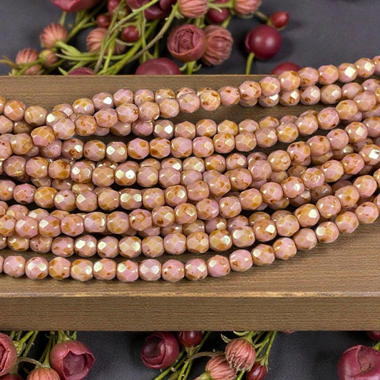 Czech Glass Beads - 4mm Faceted Round, Salmon Picasso (FP4/SP) * Qty. 50