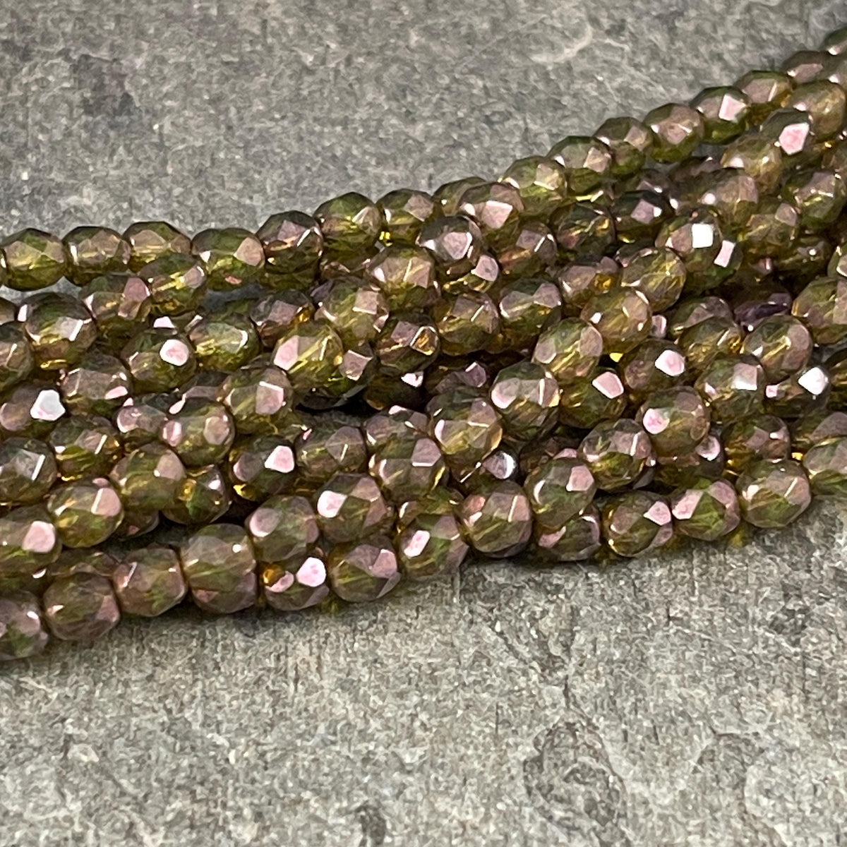 Czech Glass Beads - 4mm Faceted Round, Transparent Olive Green with AB (FP4/OT) * Qty. 50