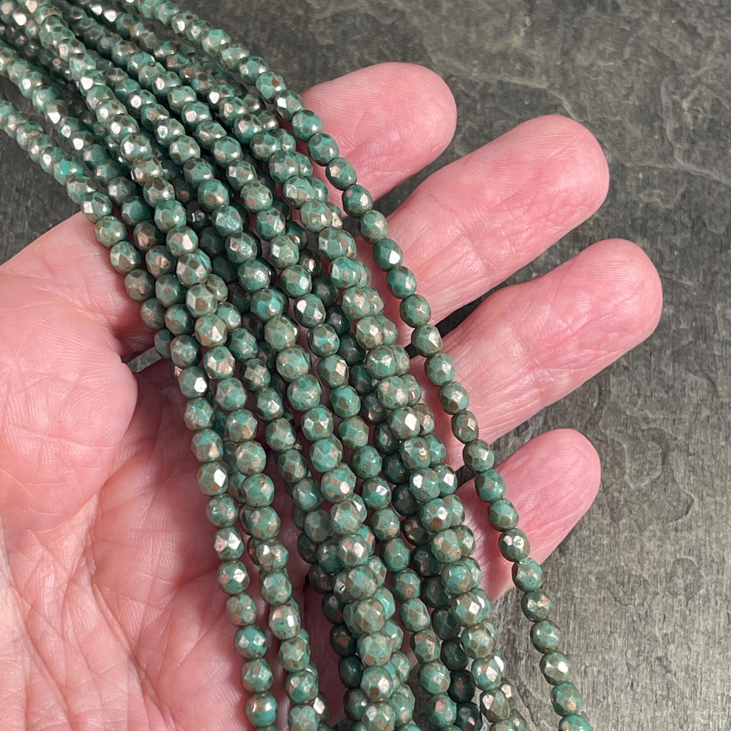 Czech Glass Beads - 4mm Faceted Round, Turquoise Green with Copper Picasso (FP4/TP) * Qty. 50