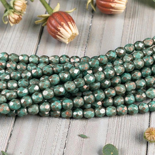 Czech Glass Beads - 4mm Faceted Round, Turquoise Green with Copper Picasso (FP4/TP) * Qty. 50