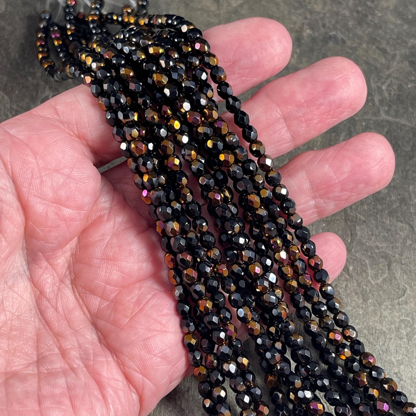 Czech Glass Beads - 4mm Faceted Round, Black with Metallic Half-Coat (FP4/BC) * Qty. 50