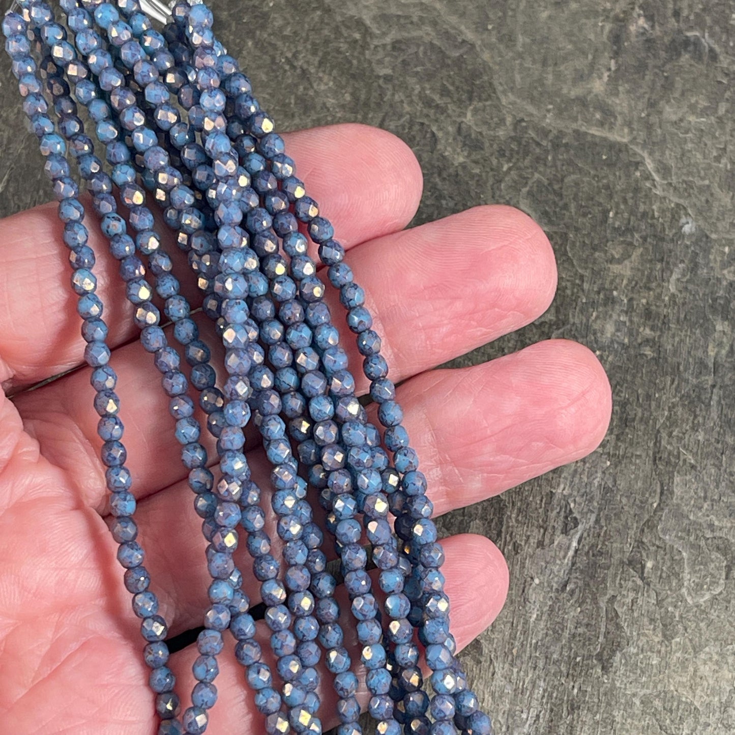 Czech Glass Beads - 3mm Faceted Round, Denim Blue with Indigo Picasso (FP3/IN) * Qty. 50