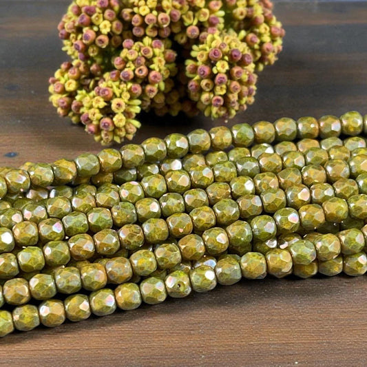 Czech Glass Beads - 3mm Faceted Round, Opaque Olive Green Luster (FP3/OL) * Qty. 50