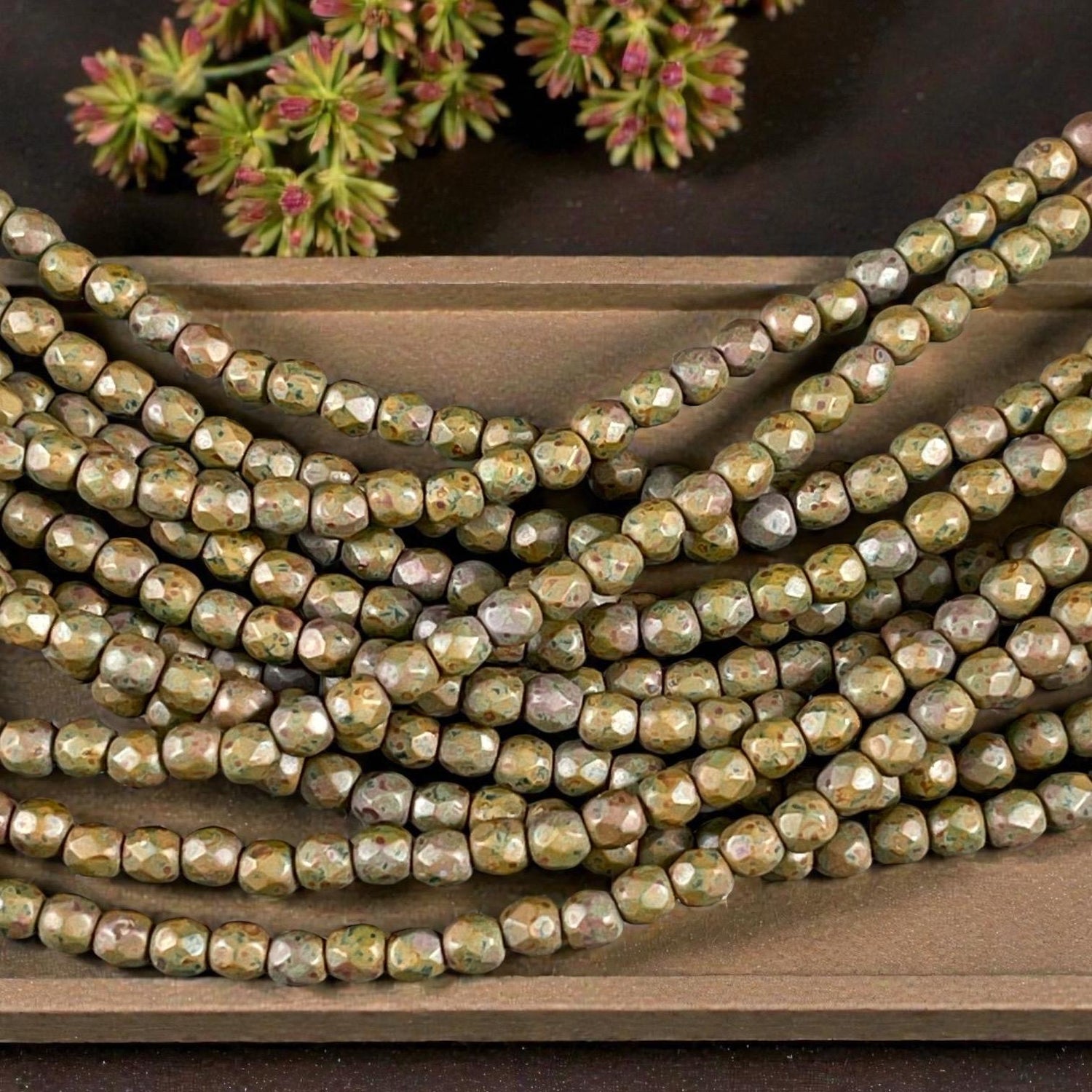 Czech Glass Beads - 3mm Faceted Round, Matte Olive Green Picasso (FP3/OLM) * Qty. 50