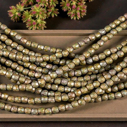 Czech Glass Beads - 3mm Faceted Round, Matte Olive Green Picasso (FP3/OLM) * Qty. 50