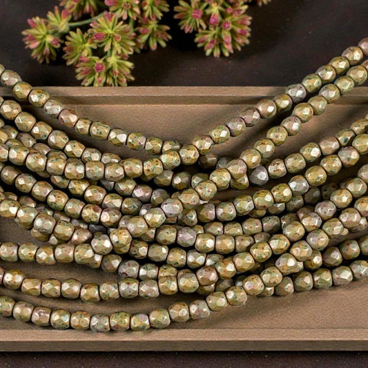 Czech Glass Beads - 3mm Faceted Round, Matte Olive Green Picasso (FP3/OLM) * Qty. 50