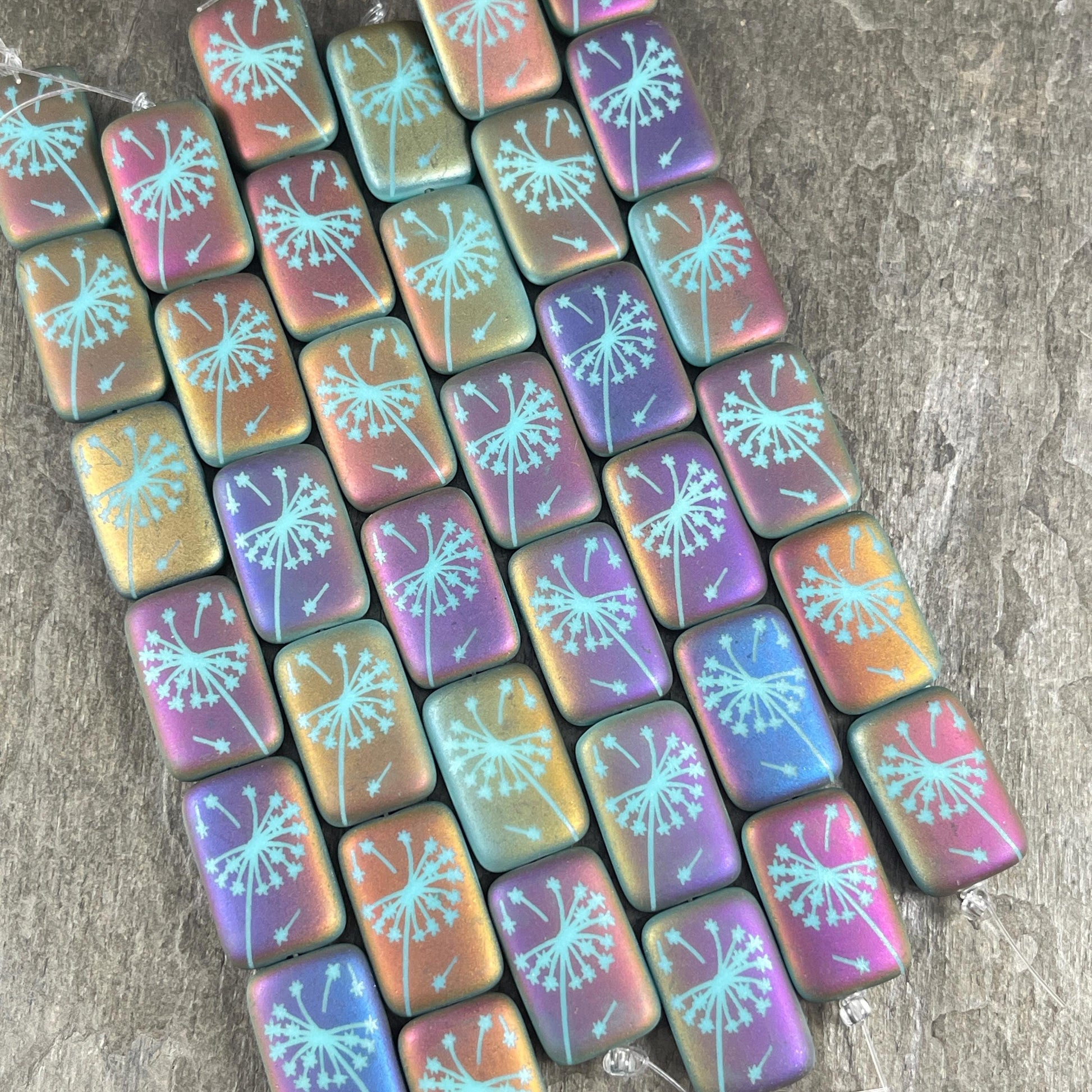 Czech Glass - 19x12mm Laser Etched Rectangle, Dandelion Wish Flower (LTPG-532) * 6 Beads