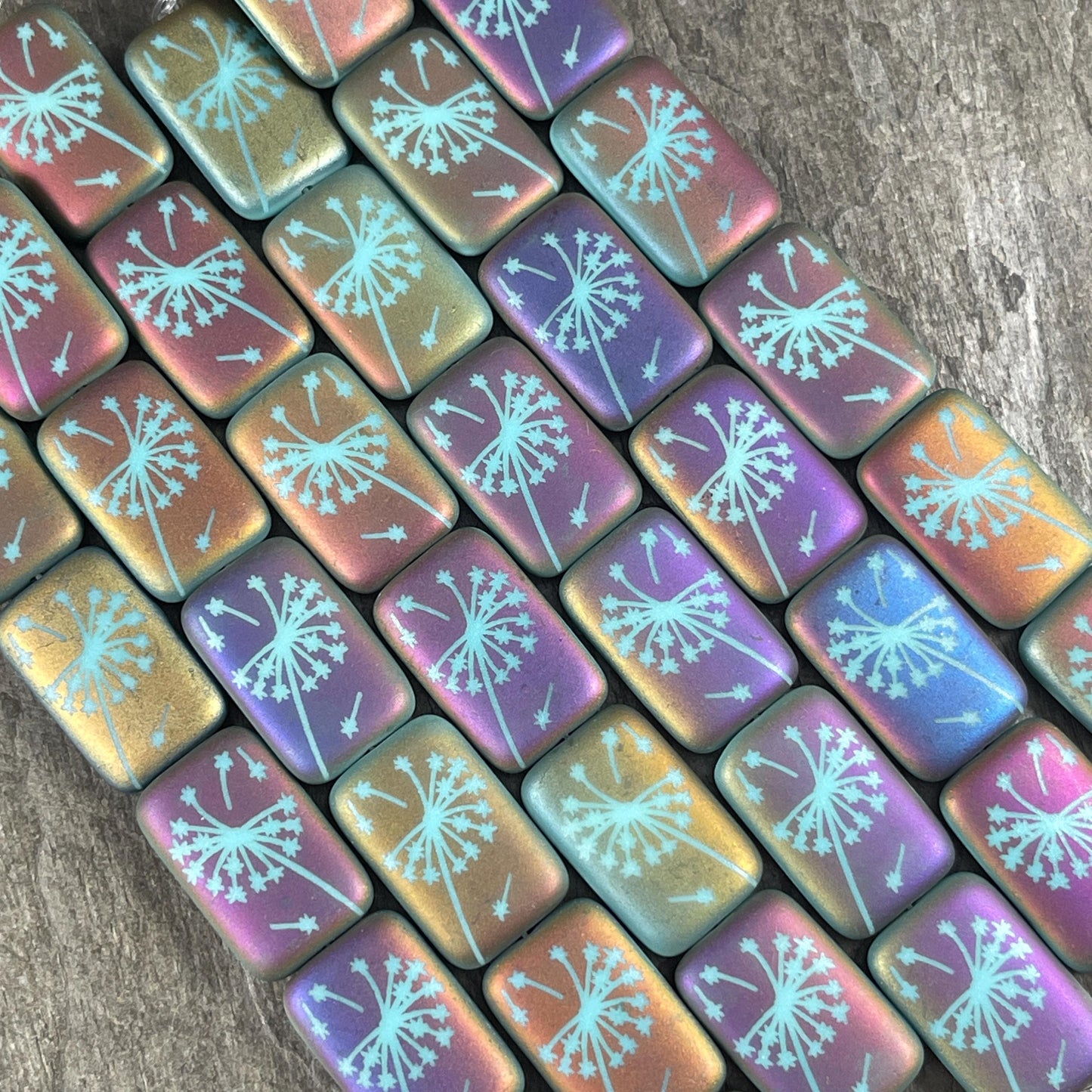 Czech Glass - 19x12mm Laser Etched Rectangle, Dandelion Wish Flower (LTPG-532) * 6 Beads