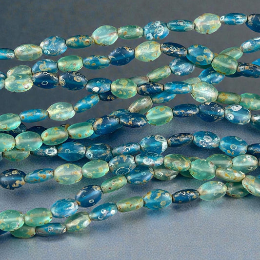 Czech Glass Beads - 9x6mm Oval, Matte Blue and Aqua Picasso (MatteOval) * 24 Beads