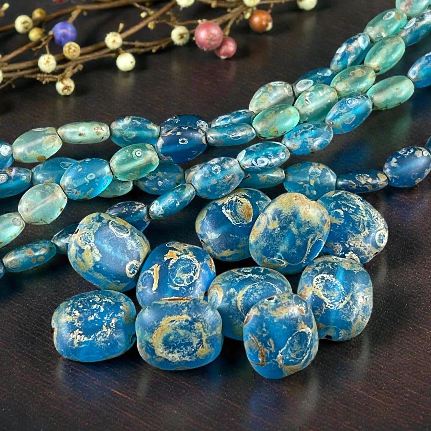 Czech Glass Beads - 13x12mm Coin, Matte Blue and Aqua Picasso (MatteCoin) * 10 Beads