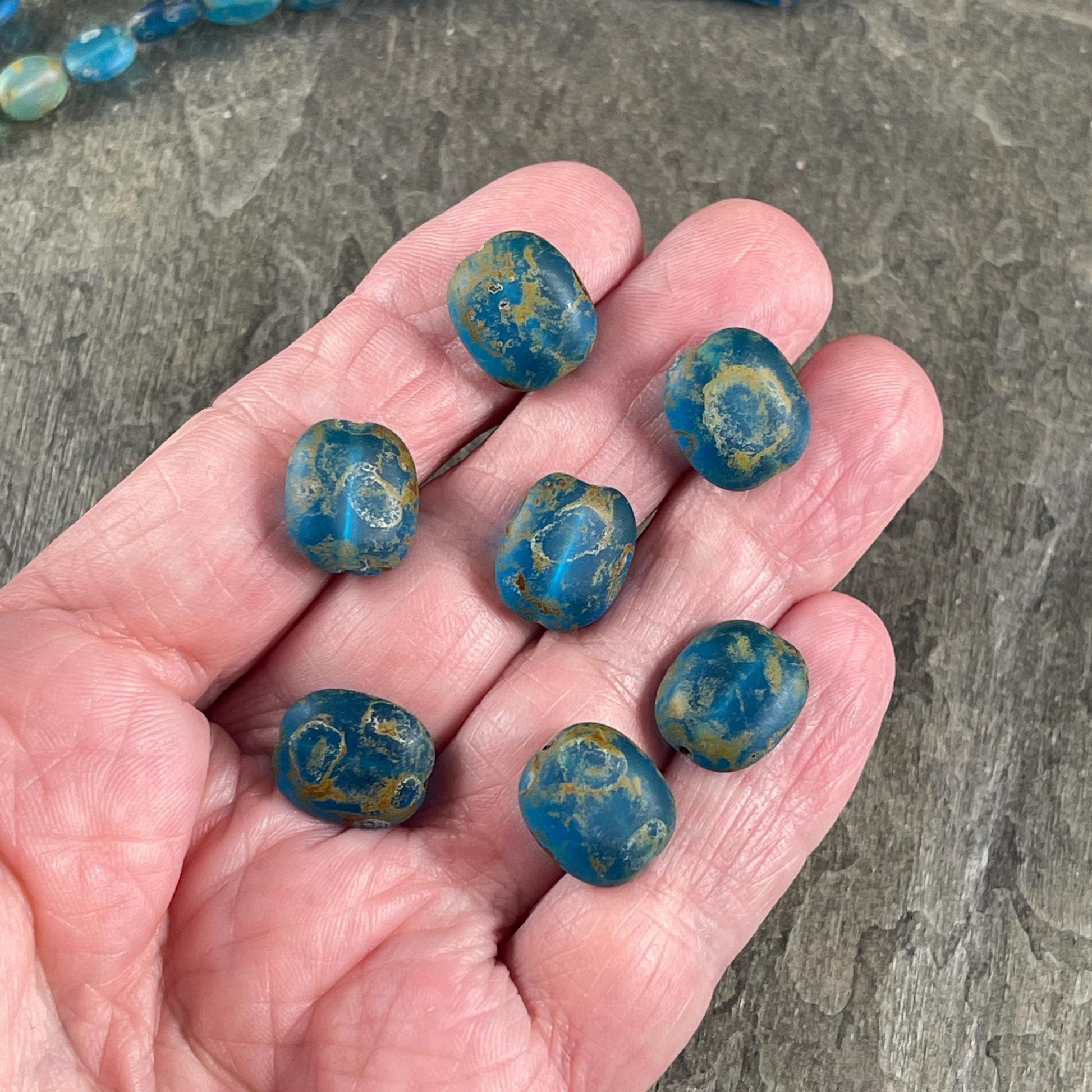 Czech Glass Beads - 13x12mm Coin, Matte Blue and Aqua Picasso (MatteCoin) * 10 Beads