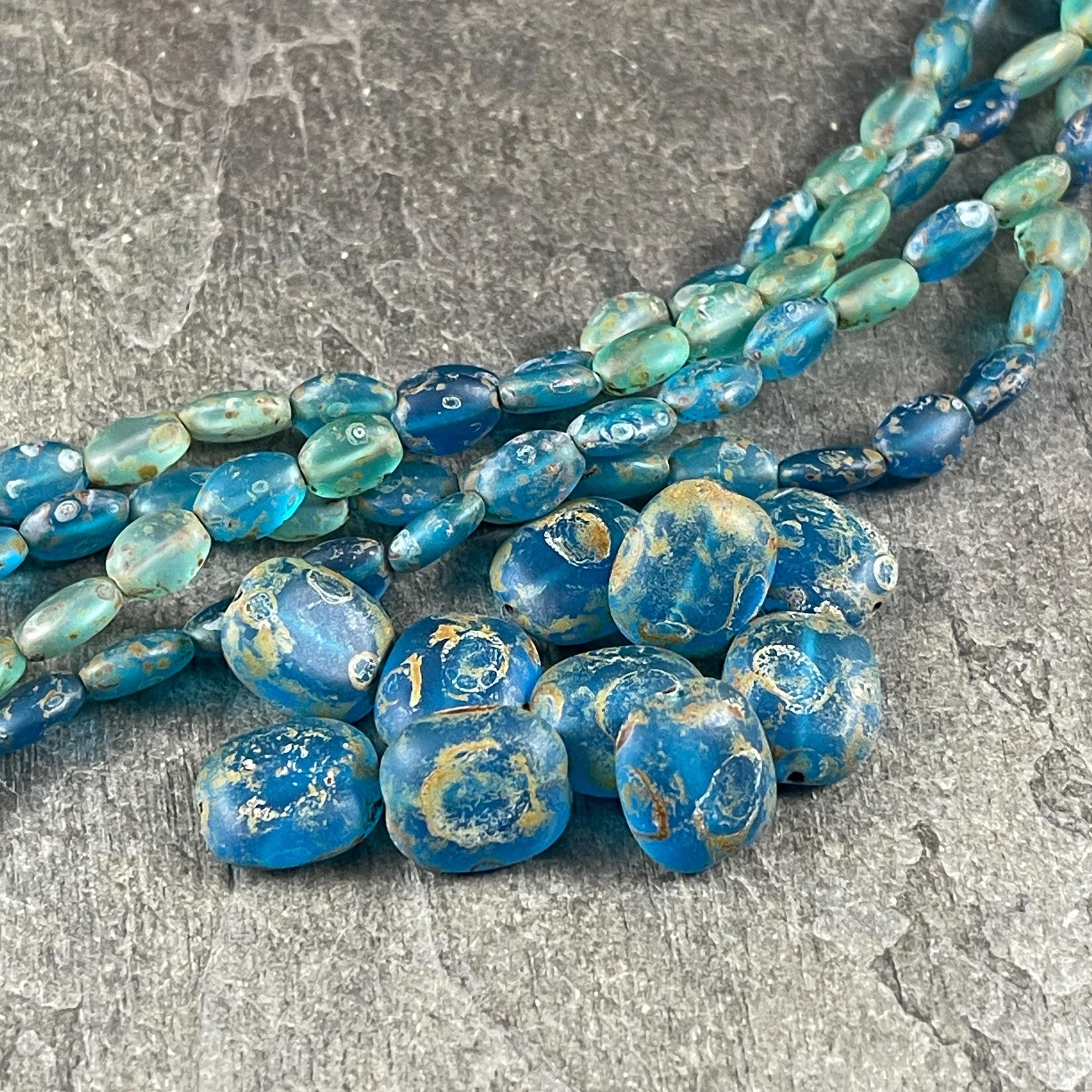 Czech Glass Beads - 13x12mm Coin, Matte Blue and Aqua Picasso (MatteCoin) * 10 Beads
