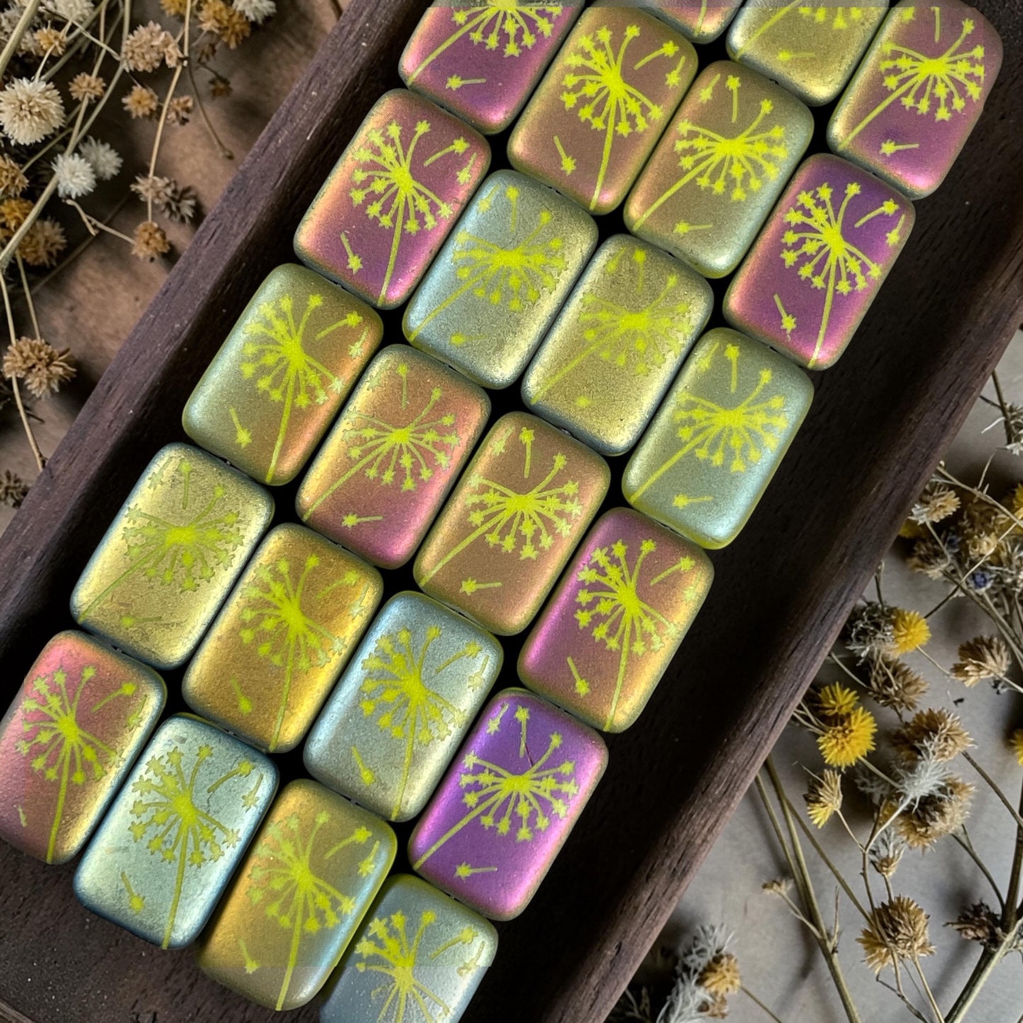 Czech Glass - 19x12mm Laser Etched Rectangle, Dandelion Wish (LTPG-525) * 6 Beads