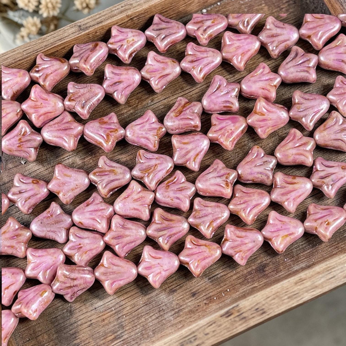 Czech Glass Beads - 9mm Day Lily - Alabaster Pink Picasso (DLily22) * Qty. 17