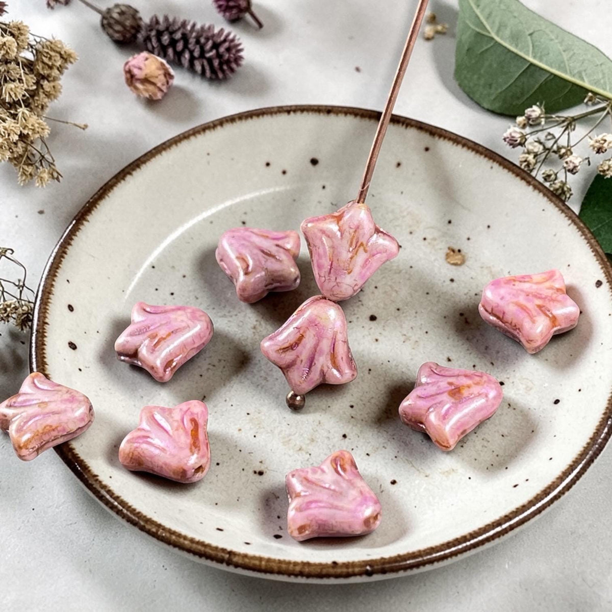Czech Glass Beads - 9mm Day Lily - Alabaster Pink Picasso (DLily22) * Qty. 17