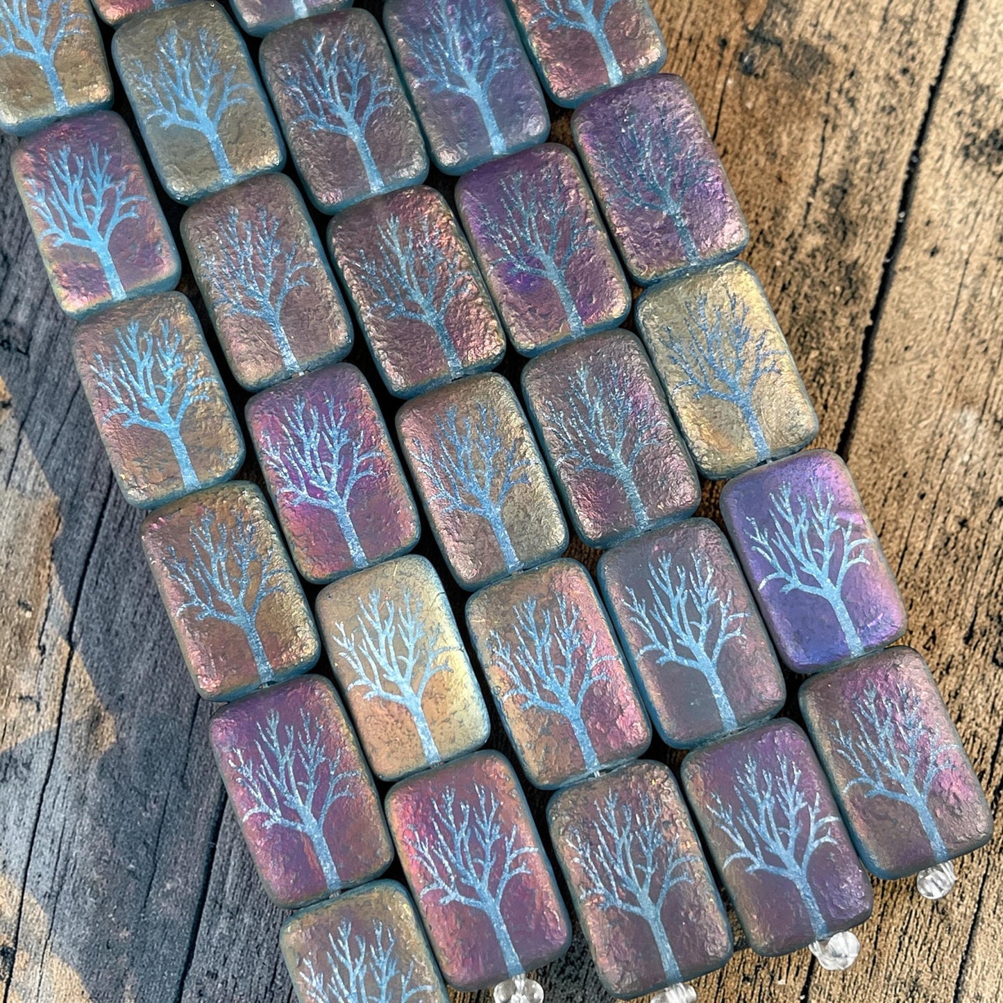 Czech Glass - 19x12mm Laser Etched Rectangle, Purple and Blue Tree (LTPG-T1) * 6 Beads