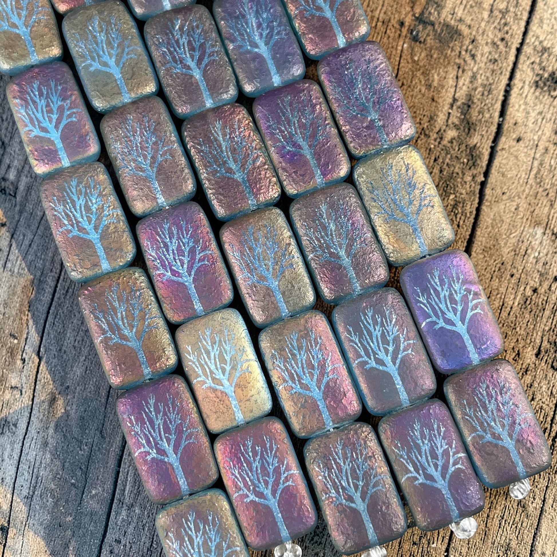 Czech Glass - 19x12mm Laser Etched Rectangle, Purple and Blue Tree (LTPG-T1) * 6 Beads