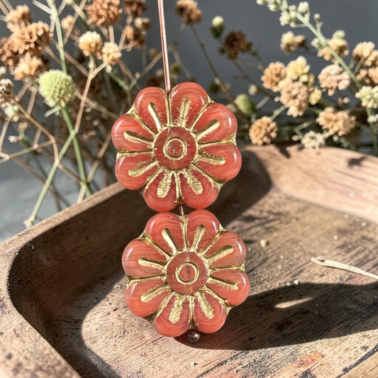 Czech Glass Beads - 17mm Daisy Flower, Watermelon with Gold Wash (PLD-16) * 6 Beads